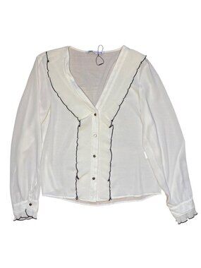 Zara Woman Ivory Button-Down Blouse With Black Trim Ruffle Detail Long Sleeves S